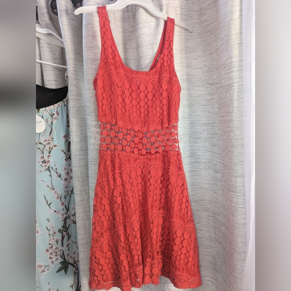 Coral lace mini dress with peekaboo midriff
